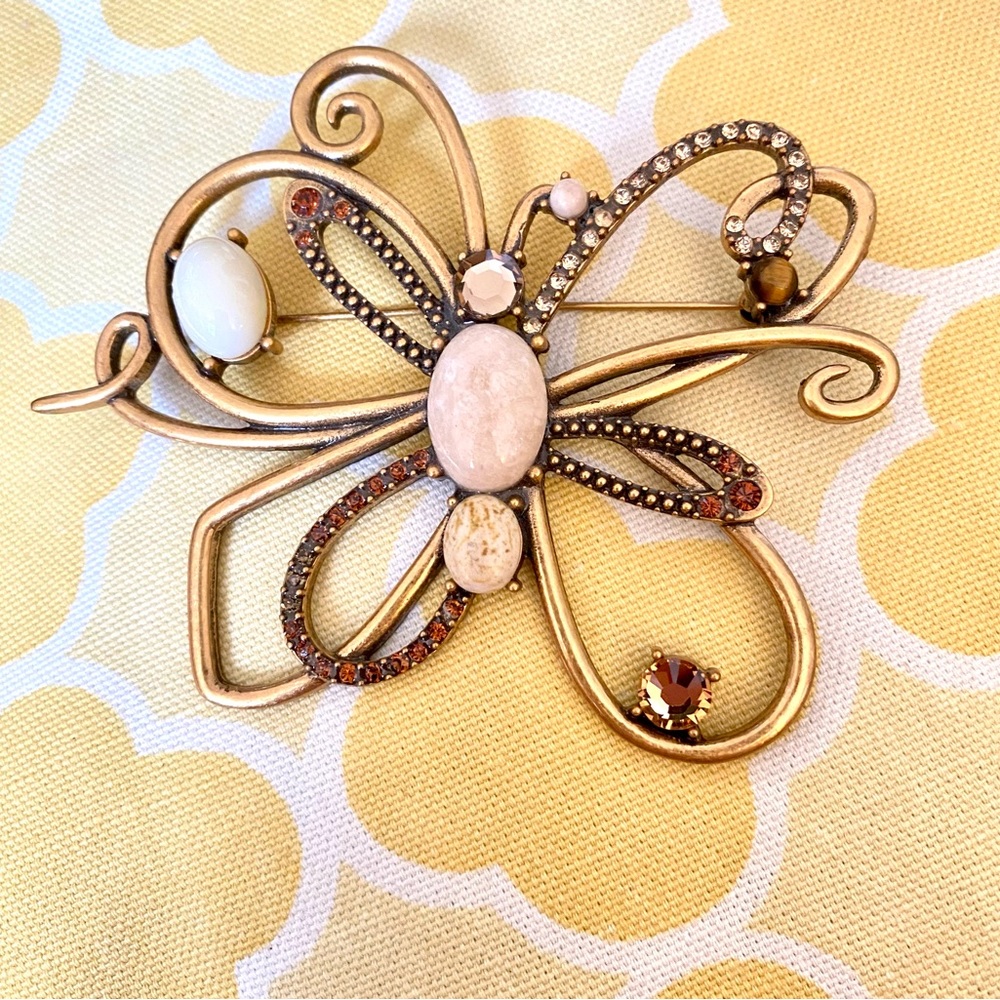 Chico's Large Gold Tone & Rhinestone Butterfly Brooch, Pin 3-5/8"